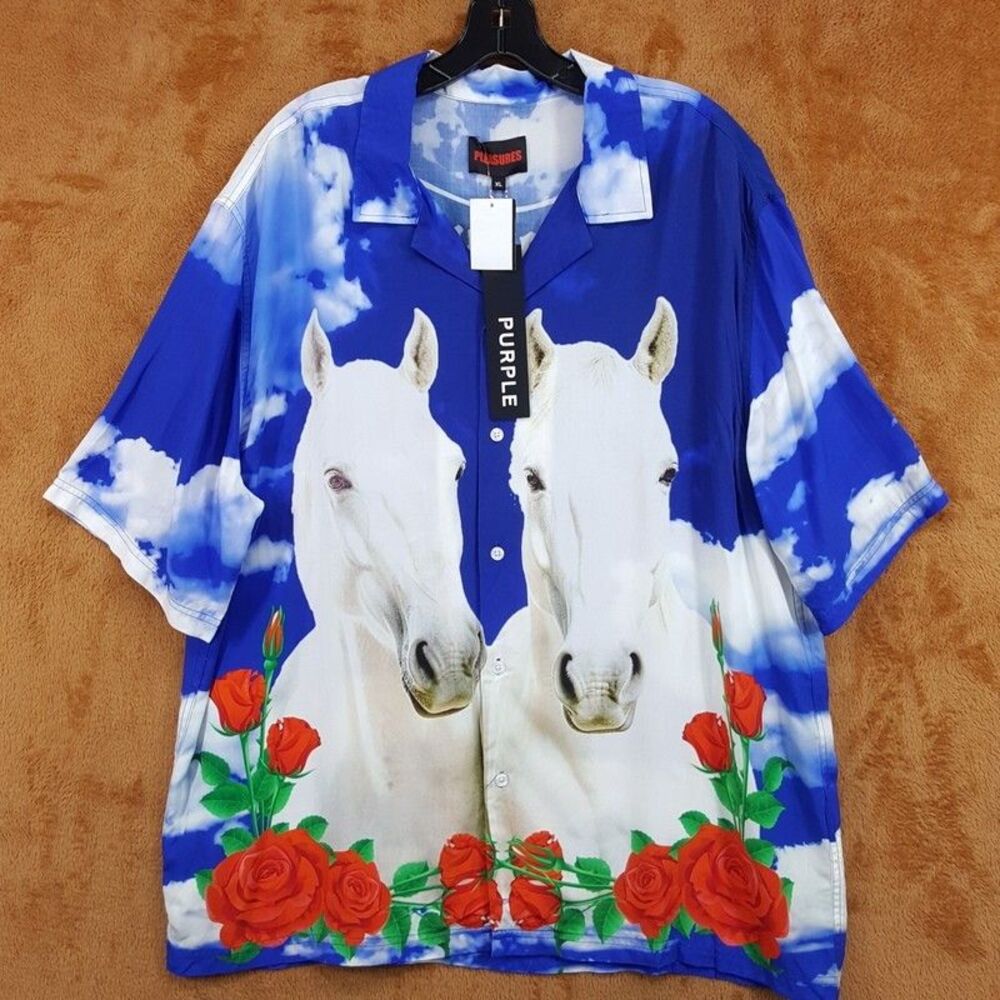 PLEASURES Button Shirt Mens XL Blue Graphic Floral Clouds Horse $100